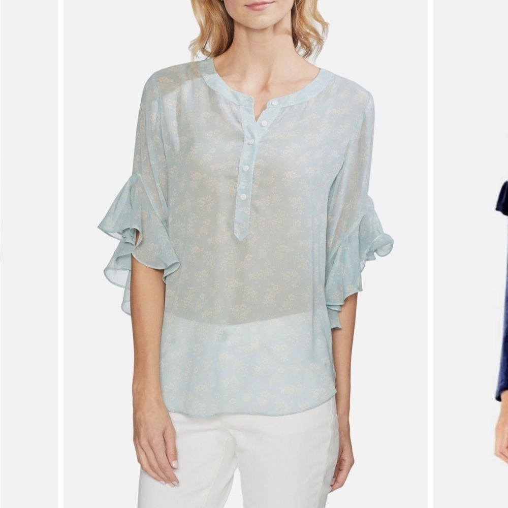 Vince Camuto Semi Sheer Floral Flutter Sleeve Popover Plus Size Blouse